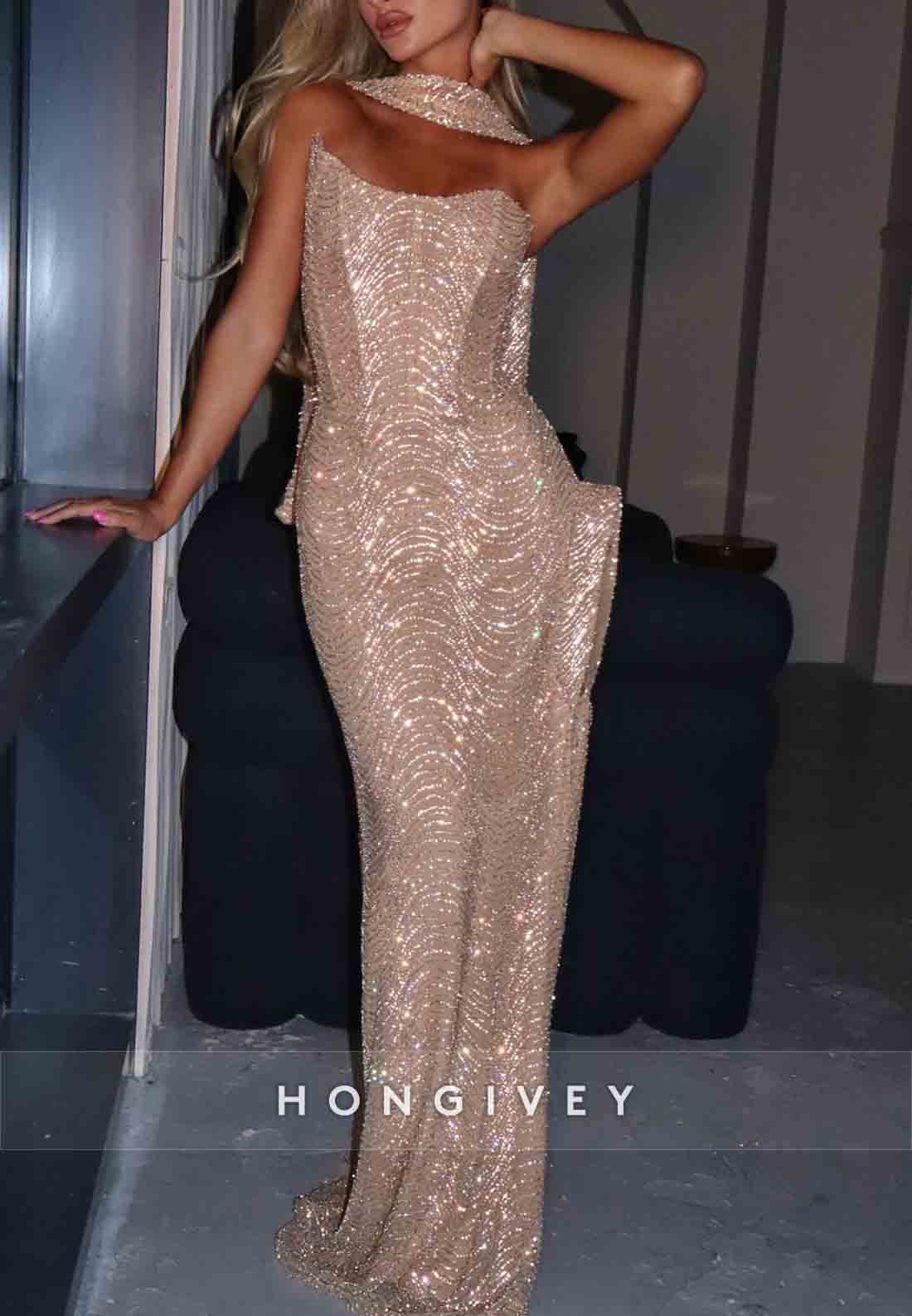 Side Slit Strapless Prom Dresses Glitter Sheath Floor-Length Prom Dresses