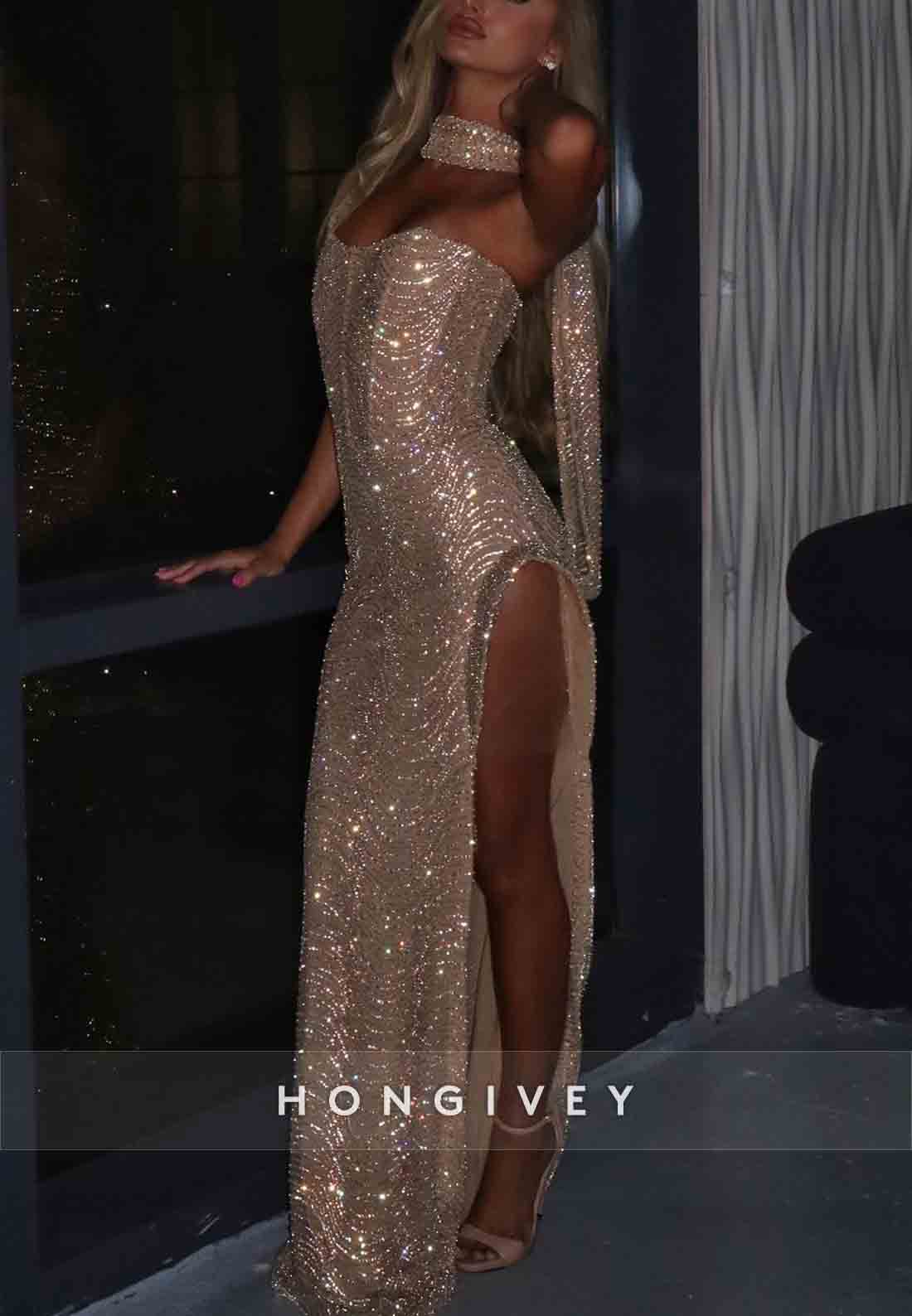 Side Slit Strapless Prom Dresses Glitter Sheath Floor-Length Prom Dresses