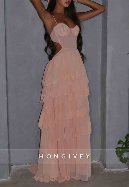 A-Line Blush Spaghetti Straps Sweetheart Open Back Prom Dresses