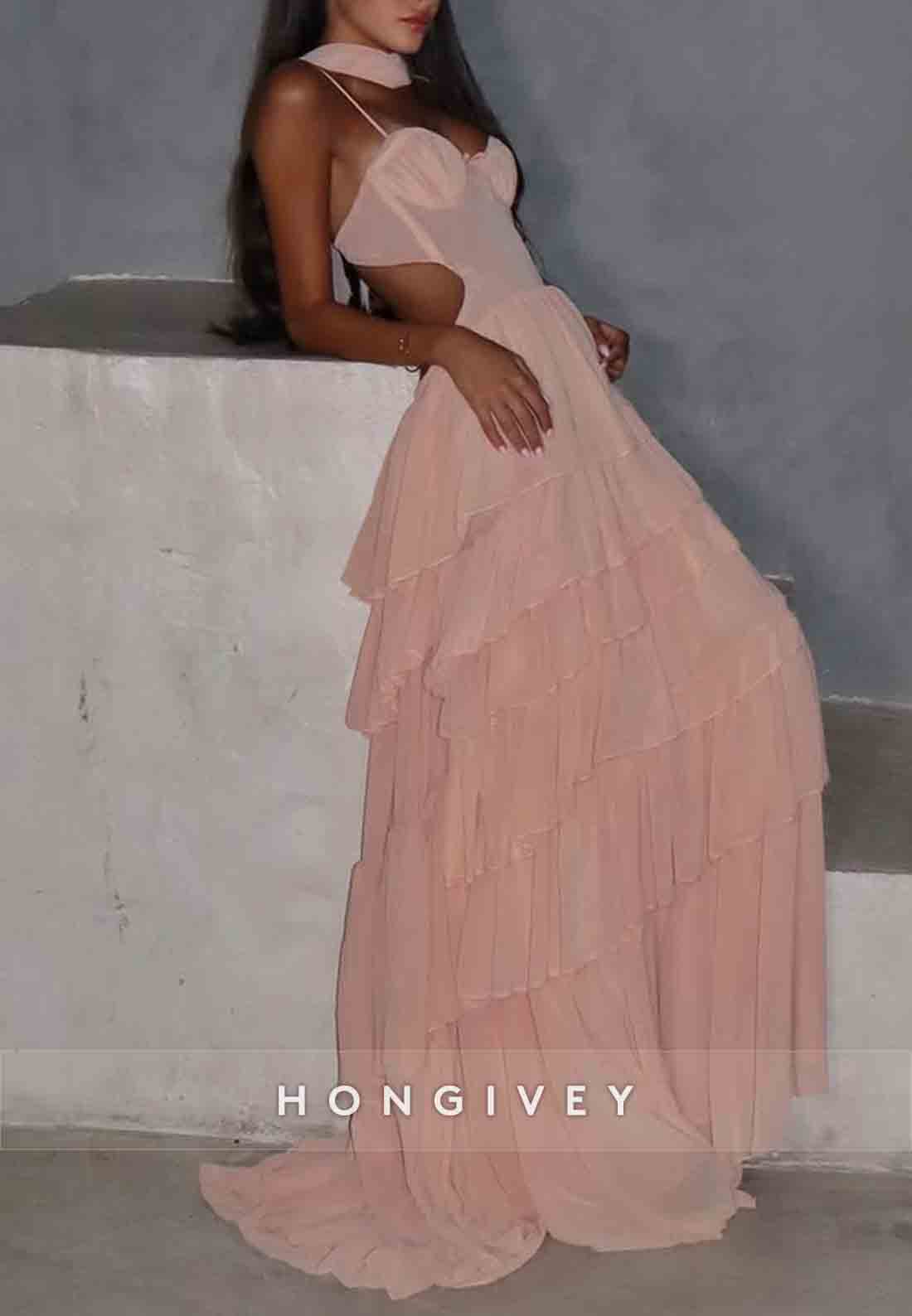 A-Line Blush Spaghetti Straps Sweetheart Open Back Prom Dresses