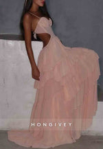 A-Line Blush Spaghetti Straps Sweetheart Open Back Prom Dresses