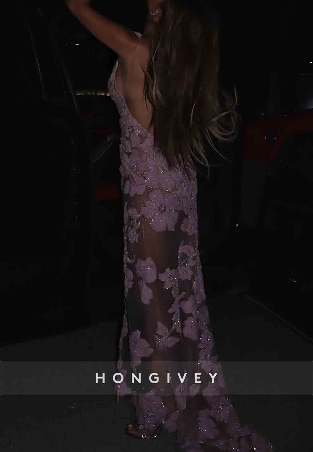 Floral Bateau Neck Backless Embroidery Pale Blush Side Slit Prom Dresses