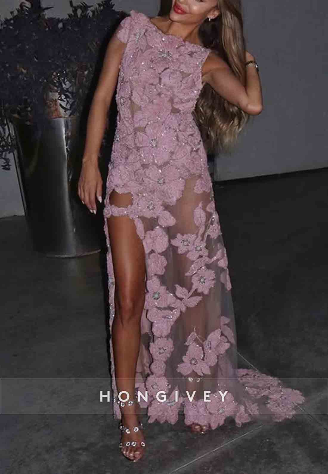 Floral Bateau Neck Backless Embroidery Pale Blush Side Slit Prom Dresses