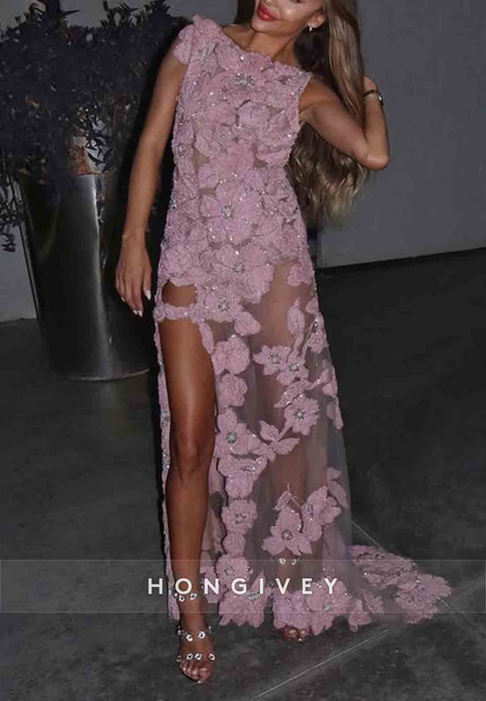 Floral Bateau Neck Backless Embroidery Pale Blush Side Slit Prom Dresses