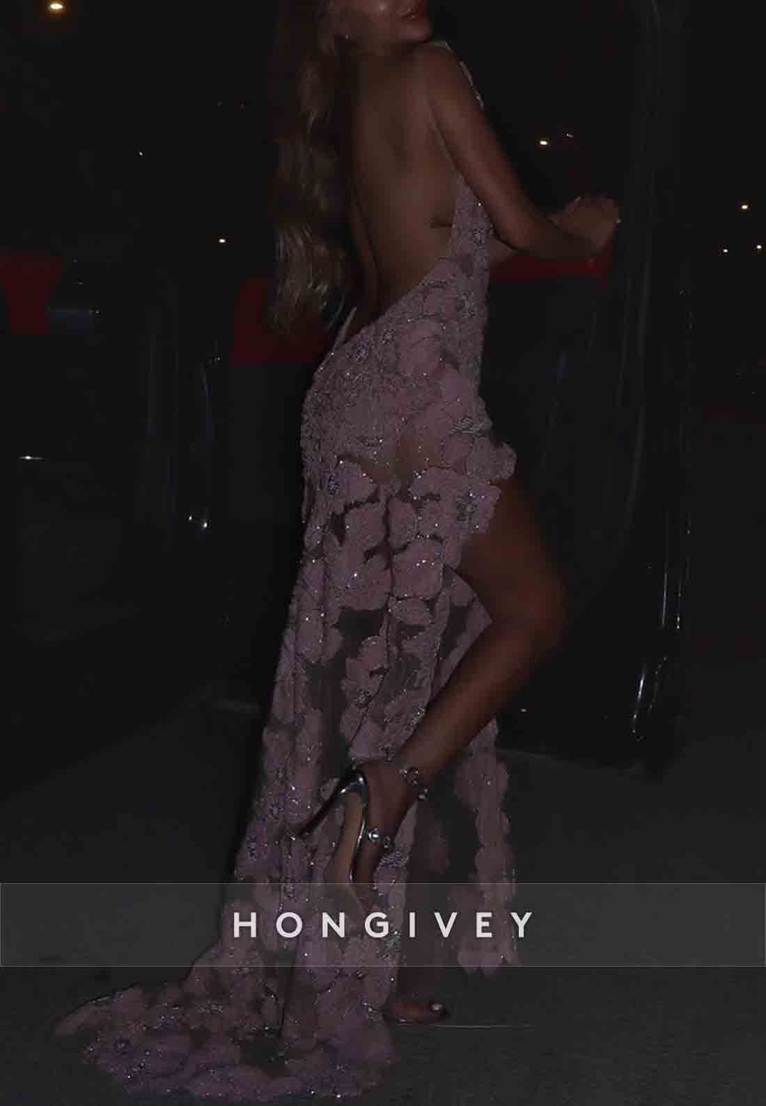 Floral Bateau Neck Backless Embroidery Pale Blush Side Slit Prom Dresses