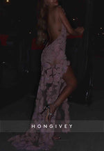 Floral Bateau Neck Backless Embroidery Pale Blush Side Slit Prom Dresses