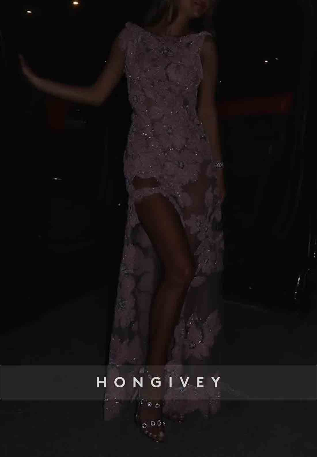 Floral Bateau Neck Backless Embroidery Pale Blush Side Slit Prom Dresses