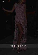 Floral Bateau Neck Backless Embroidery Pale Blush Side Slit Prom Dresses