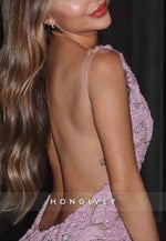 Floral Bateau Neck Backless Embroidery Pale Blush Side Slit Prom Dresses