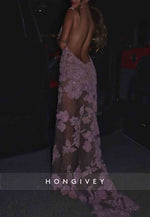 Floral Bateau Neck Backless Embroidery Pale Blush Side Slit Prom Dresses