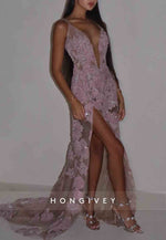 Backless Low V-Neck Spaghetti Straps Prom Dresses with Embroidery Flowers