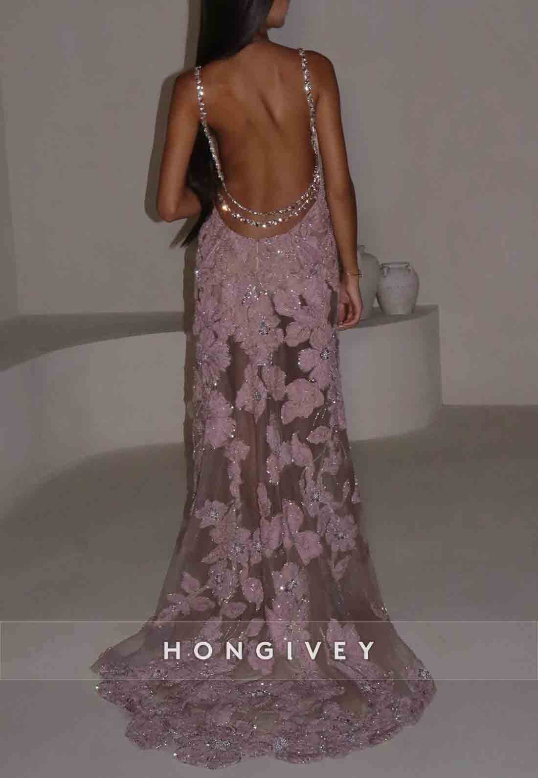 Backless Low V-Neck Spaghetti Straps Prom Dresses with Embroidery Flowers