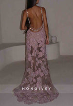 Backless Low V-Neck Spaghetti Straps Prom Dresses with Embroidery Flowers