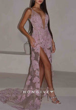 Backless Low V-Neck Spaghetti Straps Prom Dresses with Embroidery Flowers