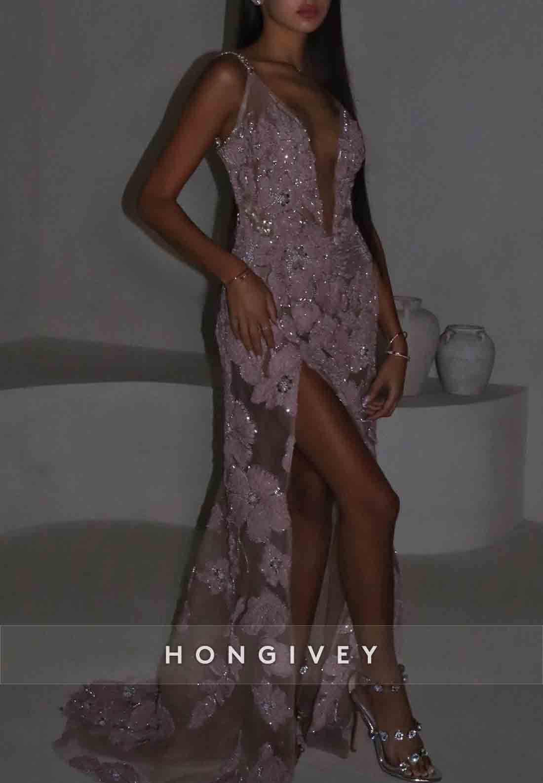 Backless Low V-Neck Spaghetti Straps Prom Dresses with Embroidery Flowers