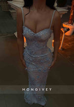 Gorgeous Blue Sweetheart Appliqued Spaghetti Straps Floor-Length Prom Dresses