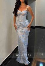 Gorgeous Blue Sweetheart Appliqued Spaghetti Straps Floor-Length Prom Dresses
