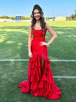 Strapless Red Sleeveless Sequins Mermaid Tassel Side Slit Prom Dress