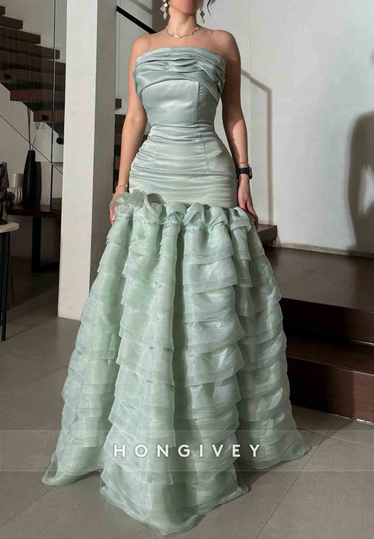 Ruched Strapless Floor-Length Sleeveless Cowl Back A-Line Evening Gowns