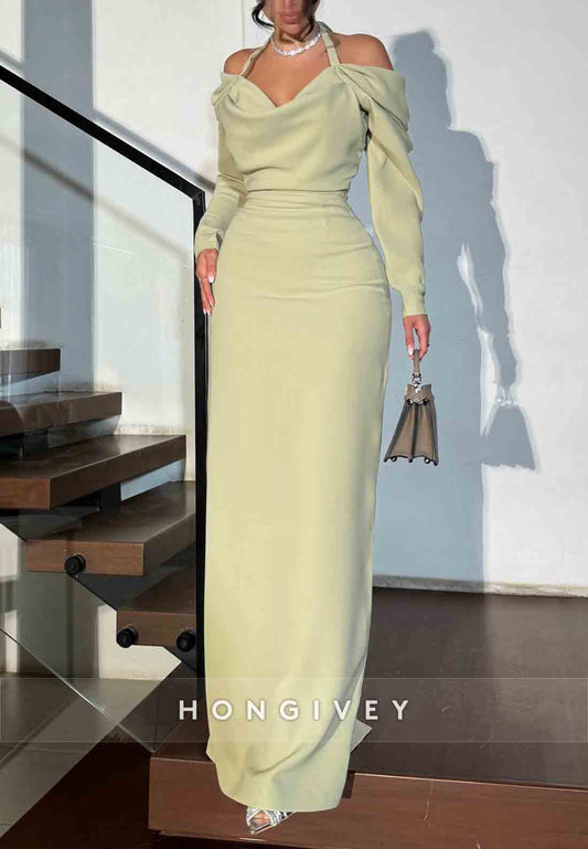 Halter Pleated Column Cowl Neck Off-Shoulder Pleated Floor-Length Evening Gowns