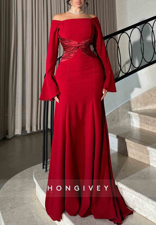 Red Off the Shoulder Bell Sleeves Pleated Floor-Length Evening Gowns