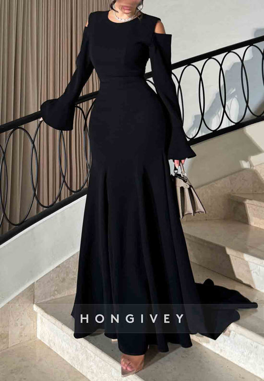 Scoop Bell Sleeves A-Line Pleated Off-Shoulder Sweep Train Evening Gowns