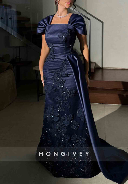 Short Sleeves Floor-Length Trumpet Embroidery Square Nack Side Draping Evening Gowns