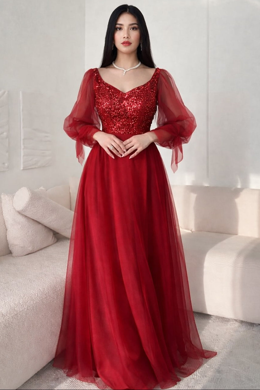 Red Long Sleeve Sequins Sparkle Tulle A-Line Formal Evening Dress