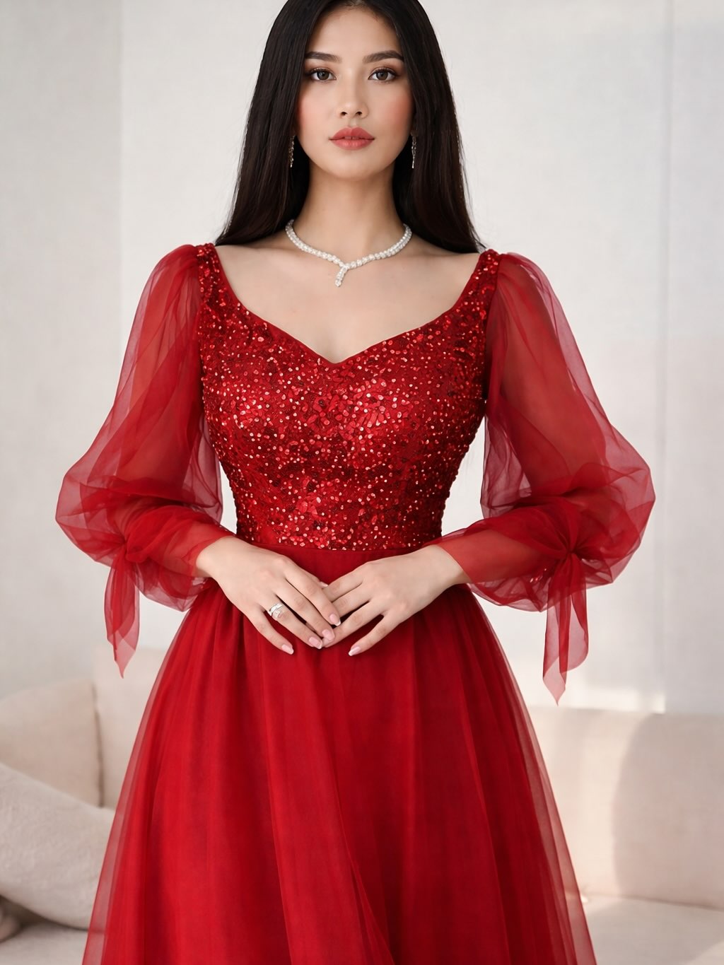Red Long Sleeve Sequins Sparkle Tulle A-Line Formal Evening Dress