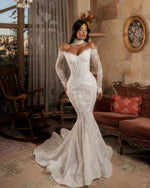 Fashion Lace Off the Shoulder Long Sleeve Mermiad Women Floor-Length Wedding Dress