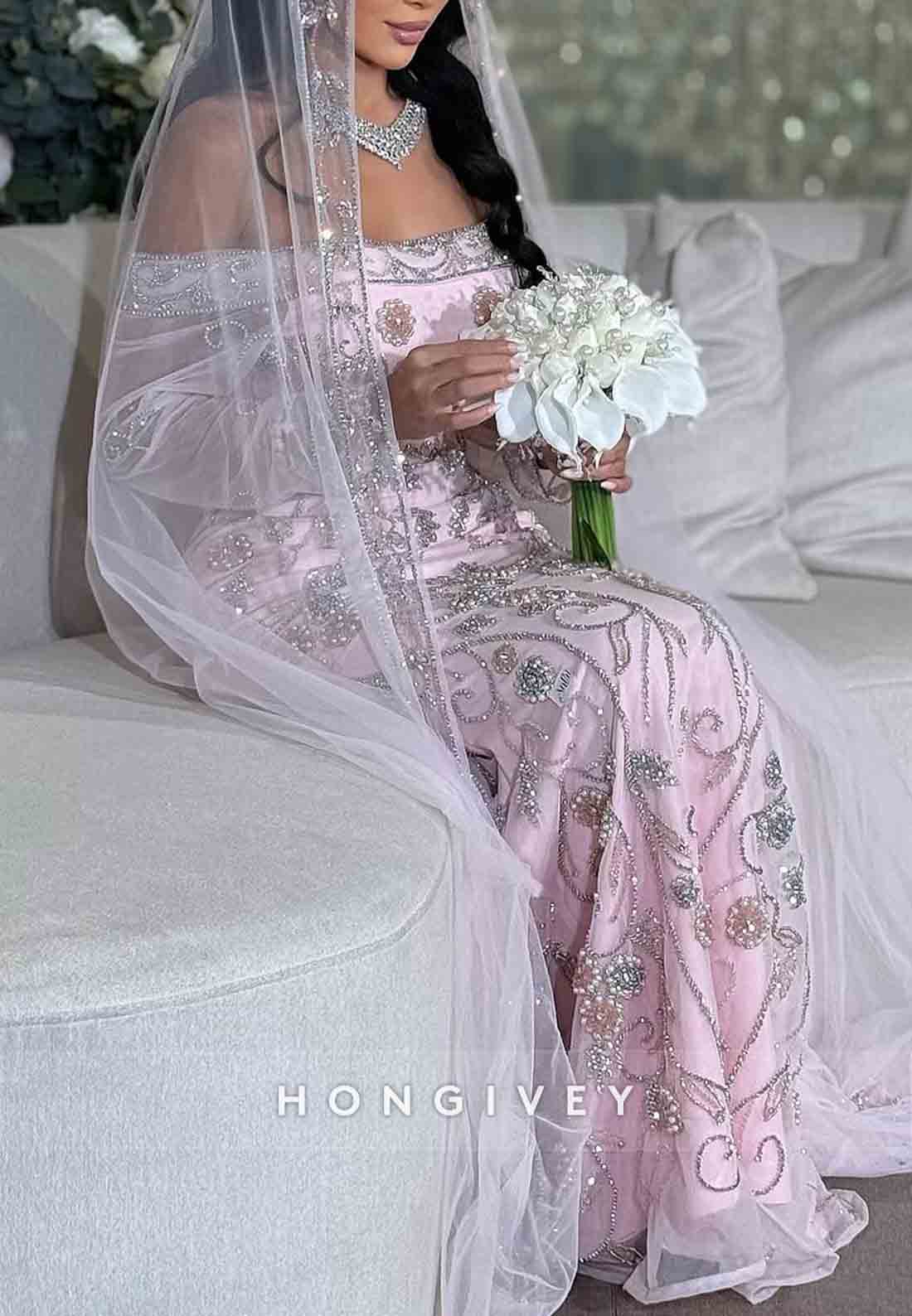 Floral Pink Long Sleeves Off the Shoulder Floor-Length Trumpet Bridal Gown