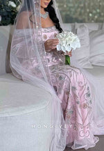 Floral Pink Long Sleeves Off the Shoulder Floor-Length Trumpet Bridal Gown