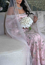 Floral Pink Long Sleeves Off the Shoulder Floor-Length Trumpet Bridal Gown