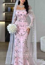 Floral Pink Long Sleeves Off the Shoulder Floor-Length Trumpet Bridal Gown