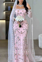 Floral Pink Long Sleeves Off the Shoulder Floor-Length Trumpet Bridal Gown