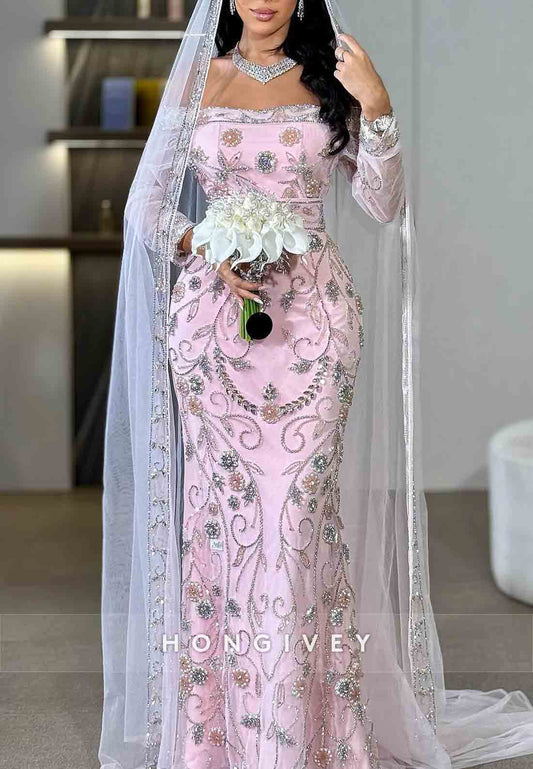 Floral Pink Long Sleeves Off the Shoulder Floor-Length Trumpet Bridal Gown