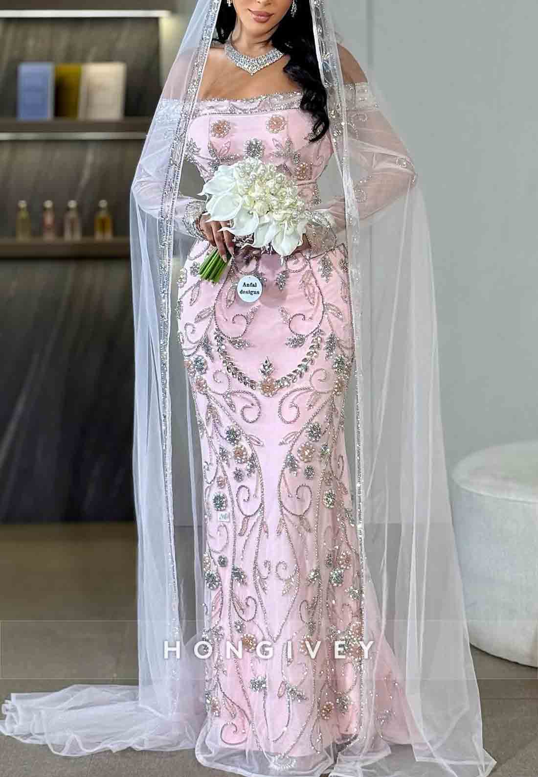 Floral Pink Long Sleeves Off the Shoulder Floor-Length Trumpet Bridal Gown