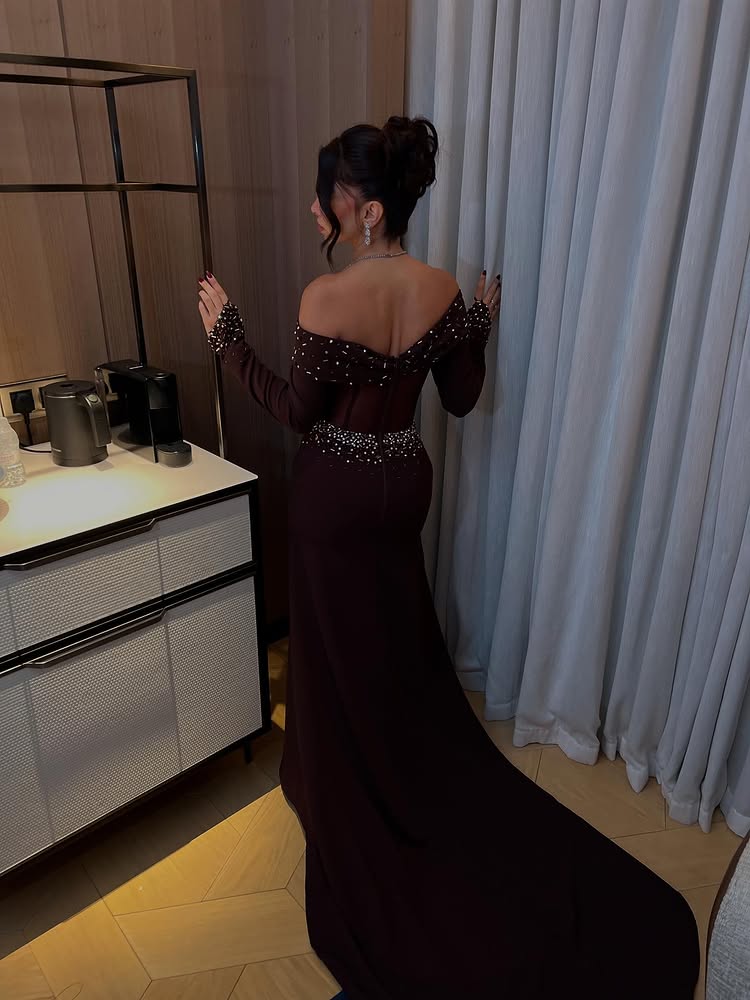 Beaded Sequins Sparkle Off the Shoulder Long Sleeve Mermiad Evening Dress