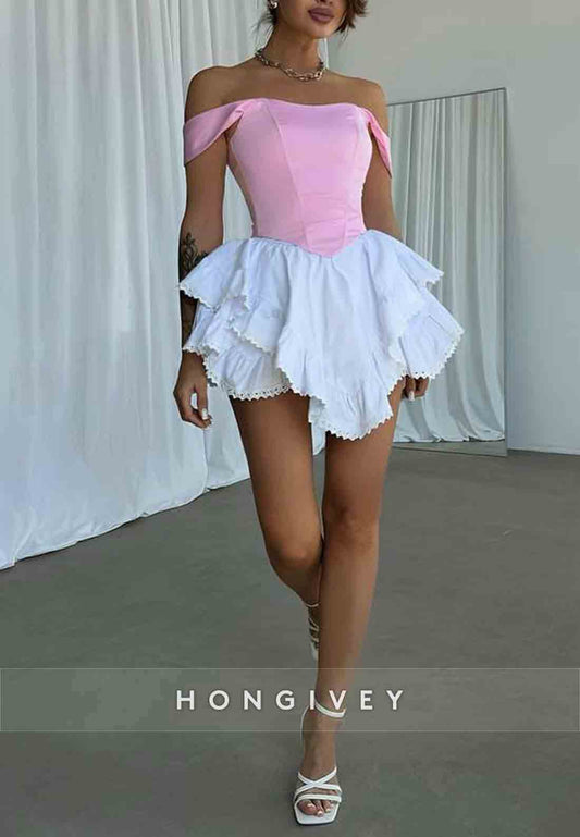Off the Shoulder A-Line Asymmetrical Crisscross Back Homecoming Dress