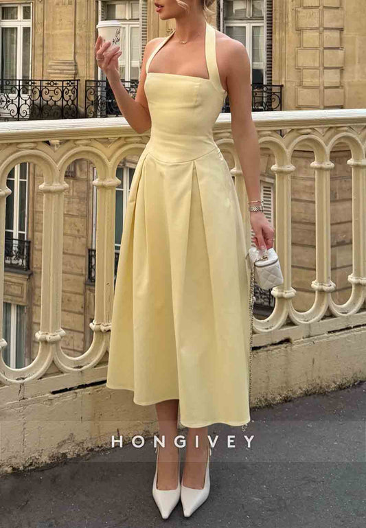 Tea-Length Halter Guest of Wedding Sleeveless Pleated Party Dresses