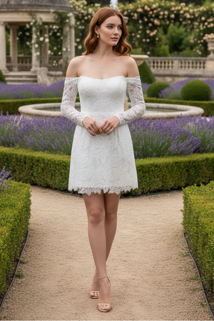 Off the Shoulder Sparkle Long Sleeve Short Mini Wedding Dress