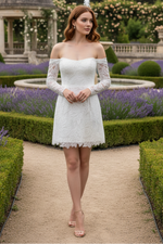 Off the Shoulder Sparkle Long Sleeve Short Mini Wedding Dress