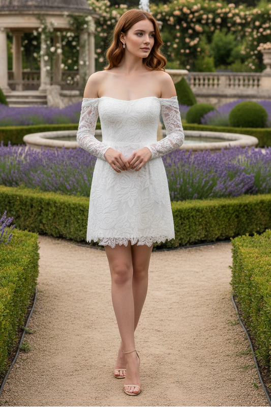 Off the Shoulder Sparkle Long Sleeve Short Mini Wedding Dress