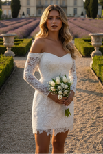 Off the Shoulder Sparkle Long Sleeve Short Mini Wedding Dress