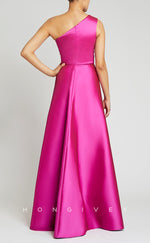 HM219 - Satin Fitted One Shoulder With Train Mother of the Bride Dress