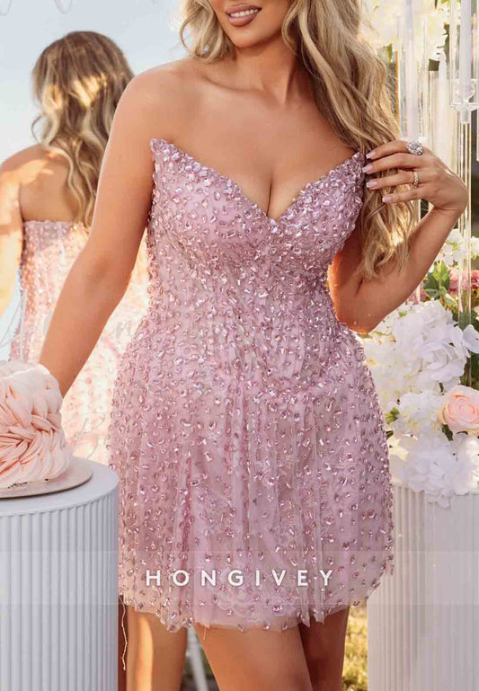 Strapless V-Neck Column Sleeveless Beading Short Homecoming Dresses