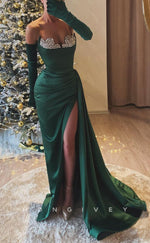 L2693 - Asymmetrical Strapless Beaded Pleats With Side Slit Party Prom Evening Dress