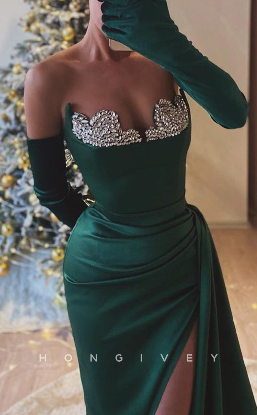 L2693 - Asymmetrical Strapless Beaded Pleats With Side Slit Party Prom Evening Dress