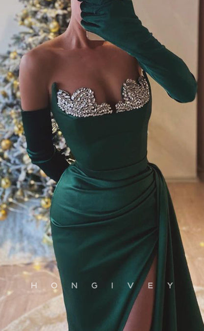 L2693 - Asymmetrical Strapless Beaded Pleats With Side Slit Party Prom Evening Dress