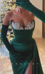 L2693 - Asymmetrical Strapless Beaded Pleats With Side Slit Party Prom Evening Dress